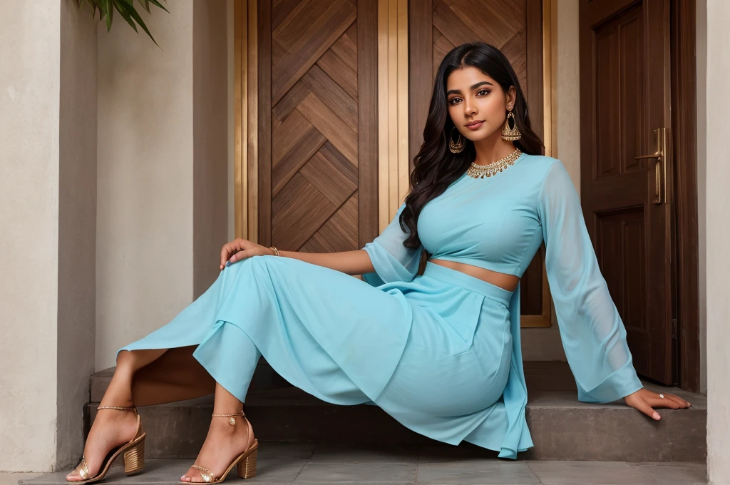 Sure, here's the modified prompt:
Create an ultra-realistic image of a modern, attractive female influencer of Indian descent, aged between 27 to 30. She should have a warm and inviting smile, expressive almond-shaped eyes with a slight shimmer, and clear, glowing skin with a medium brown complexion. Her features should be well-defined, with high cheekbones and a sharp jawline. Her hair should be long, thick, and wavy, with a natural shine and bounce, styled in a single knot.
She should have a slender yet athletic build, reflecting a healthy and active lifestyle. She is wearing a fitted sky blue frock with a matching dupatta, highlighting her toned figure. Her outfit is completed with stylish high-heeled sandals that add elegance to her look. She accessorizes with subtle yet chic jewelry, such as small hoop earrings and a few thin bangles.
The background should depict her visiting a Hindu temple, suggesting a serene and spiritual atmosphere. Her overall appearance should exude confidence, approachability, and sophistication, capturing the essence of a contemporary Indian fashion influencer.