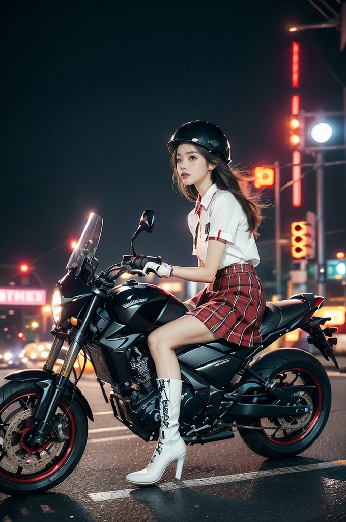 (((best quality))),(((ultra detailed))),(((masterpiece))),illustration,(1 beautiful girl,solo),((slim,thin)),((small breasts,flat chest)),(safety helmet:1.3),shoulder length straight hair,slender legs,cyberpunk, urban street,high school student, JK outfit,(riding on a motorcycle:1.3), sleek, (white collared short-sleeved shirt:1.3), (red checkered pleated skirt:1.3),(pantyhose:1.3), stylish boots, confidence, determination, dark streets,neon lights, skyscrapers, urban noises, traffic, sirens, city sounds, futuristic, dystopian society, technology, fashion, explosive cocktail, style, , modernity, attitude, spirit, anything is possible,from front