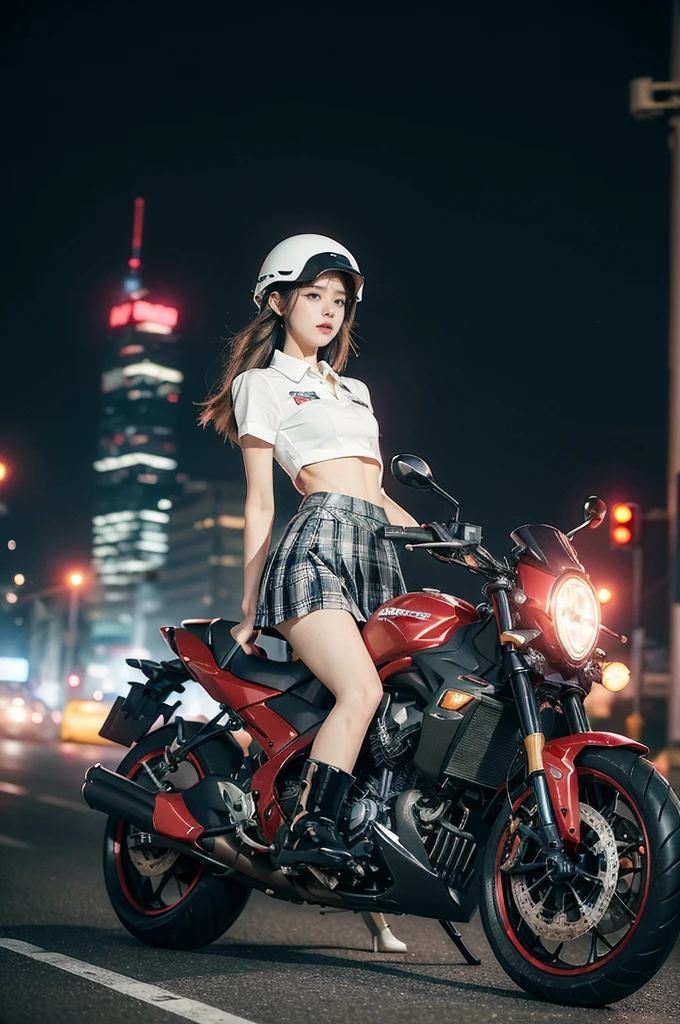 (((best quality))),(((ultra detailed))),(((masterpiece))),illustration,(1 beautiful girl,solo),((slim,thin)),((small breasts,flat chest)),(safety helmet:1.3),shoulder length straight hair,slender legs,cyberpunk, urban street,high school student, JK outfit,(riding on a motorcycle:1.3), sleek, (white collared short-sleeved shirt:1.3), (red checkered pleated skirt:1.3),(pantyhose:1.3), stylish boots, confidence, determination, dark streets,neon lights, skyscrapers, urban noises, traffic, sirens, city sounds, futuristic, dystopian society, technology, fashion, explosive cocktail, style, , modernity, attitude, spirit, anything is possible,from front