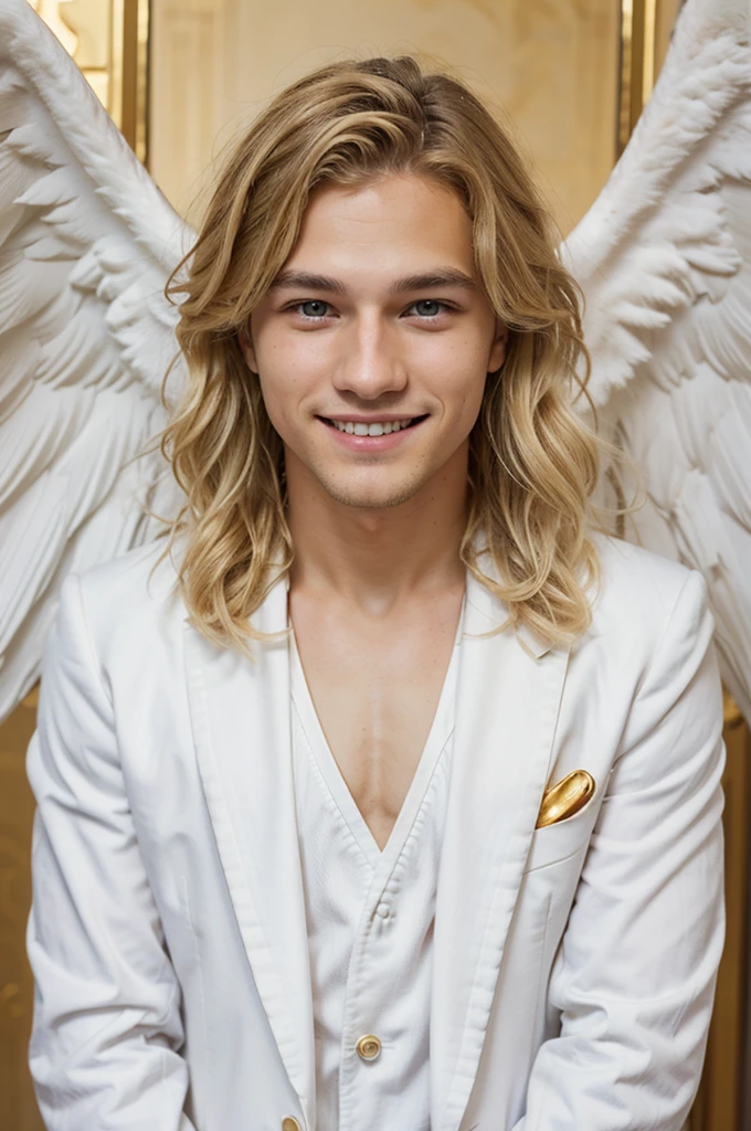 young man with blonde wavy hair, golden eyes, big smile, cute, wearing a white suit, with white angel wings