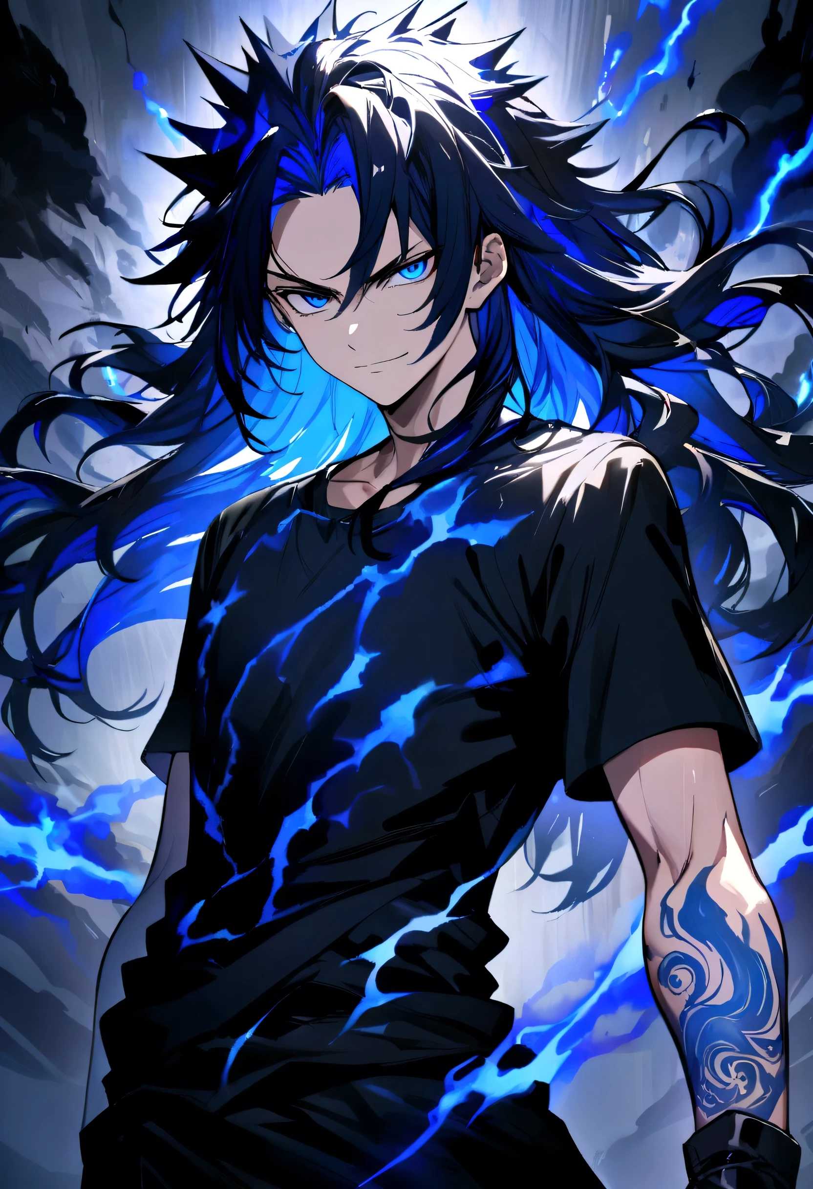 Teenage boy, spiky hair, long hair, shiny dark blue hair, serious face, Simple smile, bright dark blue eyes black loose ripped short sleeve shirt, black gloves, blue tattoos on the body, intense blue electric aura