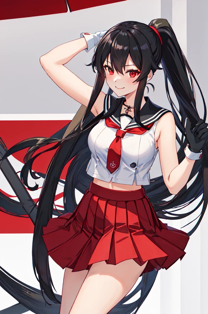 best quality, masterpiece, highres, solo, {yahagi_kantaicollection:1.15}, long_hair, black_hair, ponytail, red_eyes, sidelocks, breasts, hair_between_eyes, large_breasts, 1girl, anchor_symbol, gloves, looking_at_viewer, pleated_skirt, red_skirt, sailor_collar, school_uniform, serafuku, shirt, skirt, sleeveless, sleeveless_shirt, smile, white_gloves, black_sailor_collar, necktie