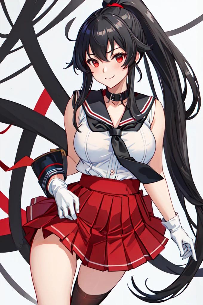 best quality, masterpiece, highres, solo, {yahagi_kantaicollection:1.15}, long_hair, black_hair, ponytail, red_eyes, sidelocks, breasts, hair_between_eyes, large_breasts, 1girl, anchor_symbol, gloves, looking_at_viewer, pleated_skirt, red_skirt, sailor_collar, school_uniform, serafuku, shirt, skirt, sleeveless, sleeveless_shirt, smile, white_gloves, black_sailor_collar, necktie