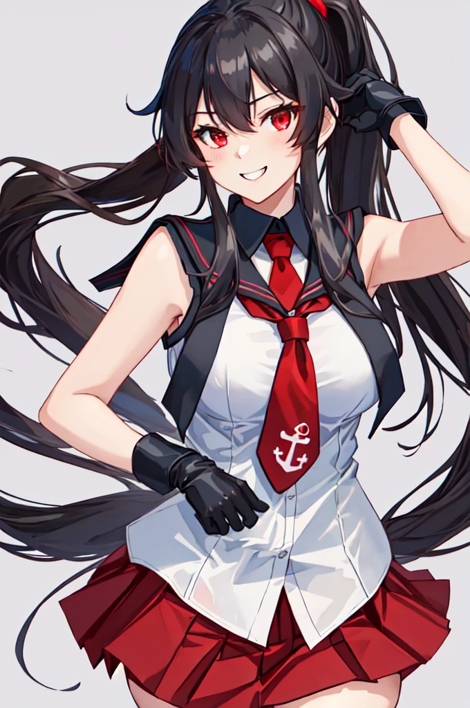 best quality, masterpiece, highres, solo, {yahagi_kantaicollection:1.15}, long_hair, black_hair, ponytail, red_eyes, sidelocks, breasts, hair_between_eyes, large_breasts, 1girl, anchor_symbol, gloves, looking_at_viewer, pleated_skirt, red_skirt, sailor_collar, school_uniform, serafuku, shirt, skirt, sleeveless, sleeveless_shirt, smile, white_gloves, black_sailor_collar, necktie