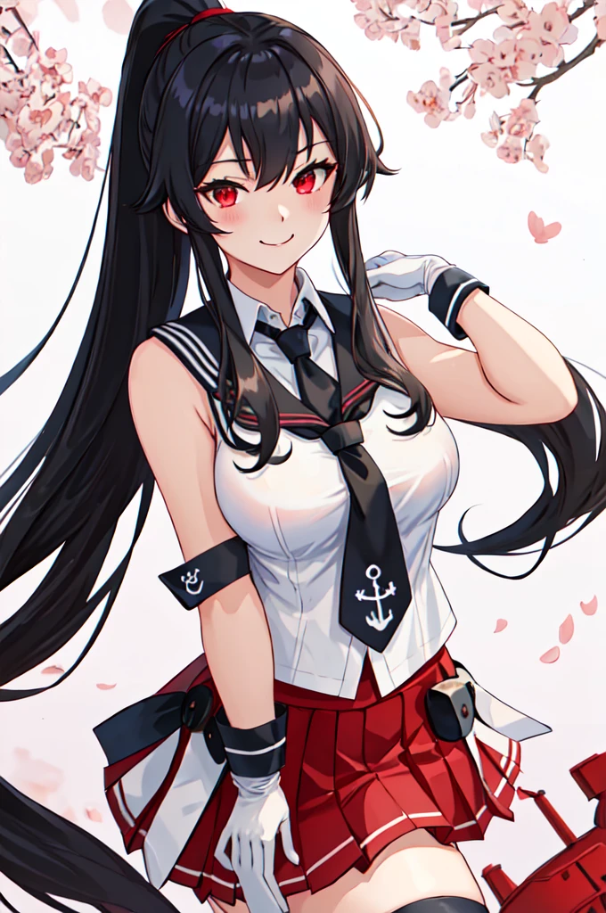 best quality, masterpiece, highres, solo, {yahagi_kantaicollection:1.15}, long_hair, black_hair, ponytail, red_eyes, sidelocks, breasts, hair_between_eyes, large_breasts, 1girl, anchor_symbol, gloves, looking_at_viewer, pleated_skirt, red_skirt, sailor_collar, school_uniform, serafuku, shirt, skirt, sleeveless, sleeveless_shirt, smile, white_gloves, black_sailor_collar, necktie