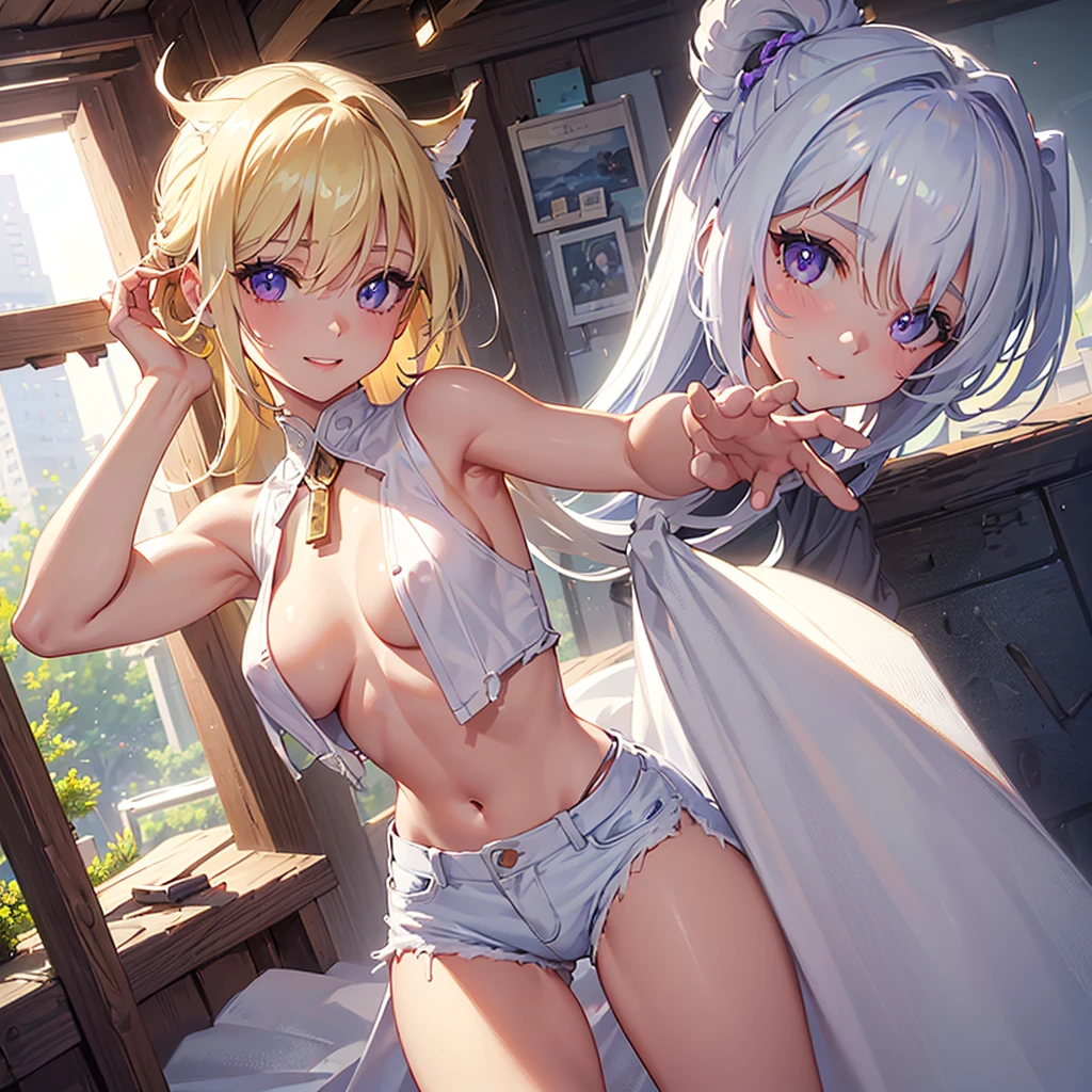((((Mesa, Best Quality, high resolution)))), Extremely detailed 8k, Beautiful girl with slim body, (ultra high definition, ultra detailed, Very detailed, very realistic, ultrarealistic, realistic photos), (1 girl:1.5), by the wavy cut, bob cuts, (dynamic poses), looking to the camera, smile of light, purple eyes, (neodium breasts: 1.2), (beautiful detailed face, Beautiful detailed eyes), (white vest, fine material), neckline, Dark Denim Shorts, glow, sweat, (Sun rays, sunlight),nakedness,bare chest