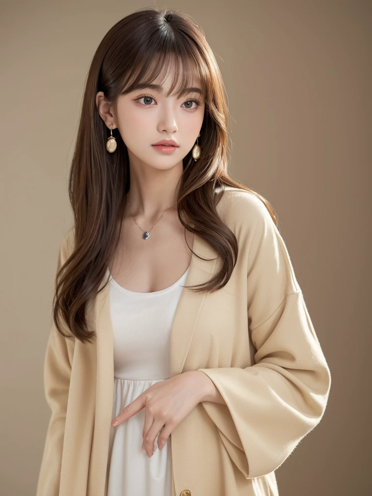 ((Highest quality, 8K, masterpiece:1.3)), concentrate: 1.2, Perfect body beauty: 1.4, Hips: 1.2, ((Long Hair, chest: 1.2)), (Dry clothes: 1.1) , (clear, Simple Background:1.3), Simple clothes: 1.1, Highly detailed face and skin texture,Delicate eyes, double eyelid, Whitened skin, Rough skin、Long Hair、Earrings with bangs、necklace、 solo、Beige coat、White shirt, (((Beautiful girl with cute Japan)))、 ((Beautiful Japanese girl 20 years old))、 ((Baby Face))、 (((Slender body)))、 Upper Body,Face focus、necklace,Simple Background,From above, Realistic Hair、 A photograph was taken:Canon EOS R6、135mm、1/1250 seconds、f2.8、ISO400、(Detailed explanation of the hand)、(Masseter muscle area)、(Exquisite CG)、Long Hair, loose and curly hair、Korean Hair、Long Hair明るいベージュ色、グラデーションハイライトグレージュのゆるふわLong Hairスタイル、