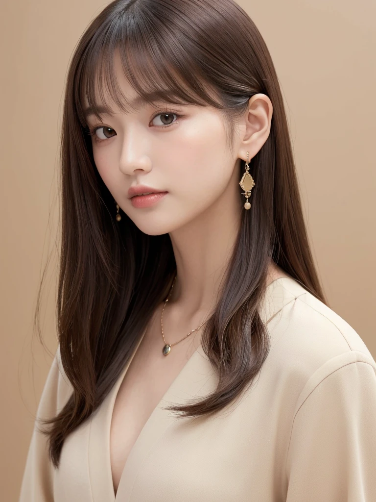 ((Highest quality, 8K, masterpiece:1.3)), concentrate: 1.2, Perfect body beauty: 1.4, Hips: 1.2, ((Long Hair, chest: 1.2)), (Dry clothes: 1.1) , (clear, Simple Background:1.3), Simple clothes: 1.1, Highly detailed face and skin texture,Delicate eyes, double eyelid, Whitened skin, Rough skin、Long Hair、Earrings with bangs、necklace、 solo、Beige coat、White shirt, (((Beautiful girl with cute Japan)))、 ((Beautiful Japanese girl 20 years old))、 ((Baby Face))、 (((Slender body)))、 Upper Body,Face focus、necklace,Simple Background,From above, Realistic Hair、 A photograph was taken:Canon EOS R6、135mm、1/1250 seconds、f2.8、ISO400、(Detailed explanation of the hand)、(Masseter muscle area)、(Exquisite CG)、Long Hair, loose and curly hair、Korean Hair、Long Hair明るいベージュ色、グラデーションハイライトグレージュのゆるふわLong Hairスタイル、