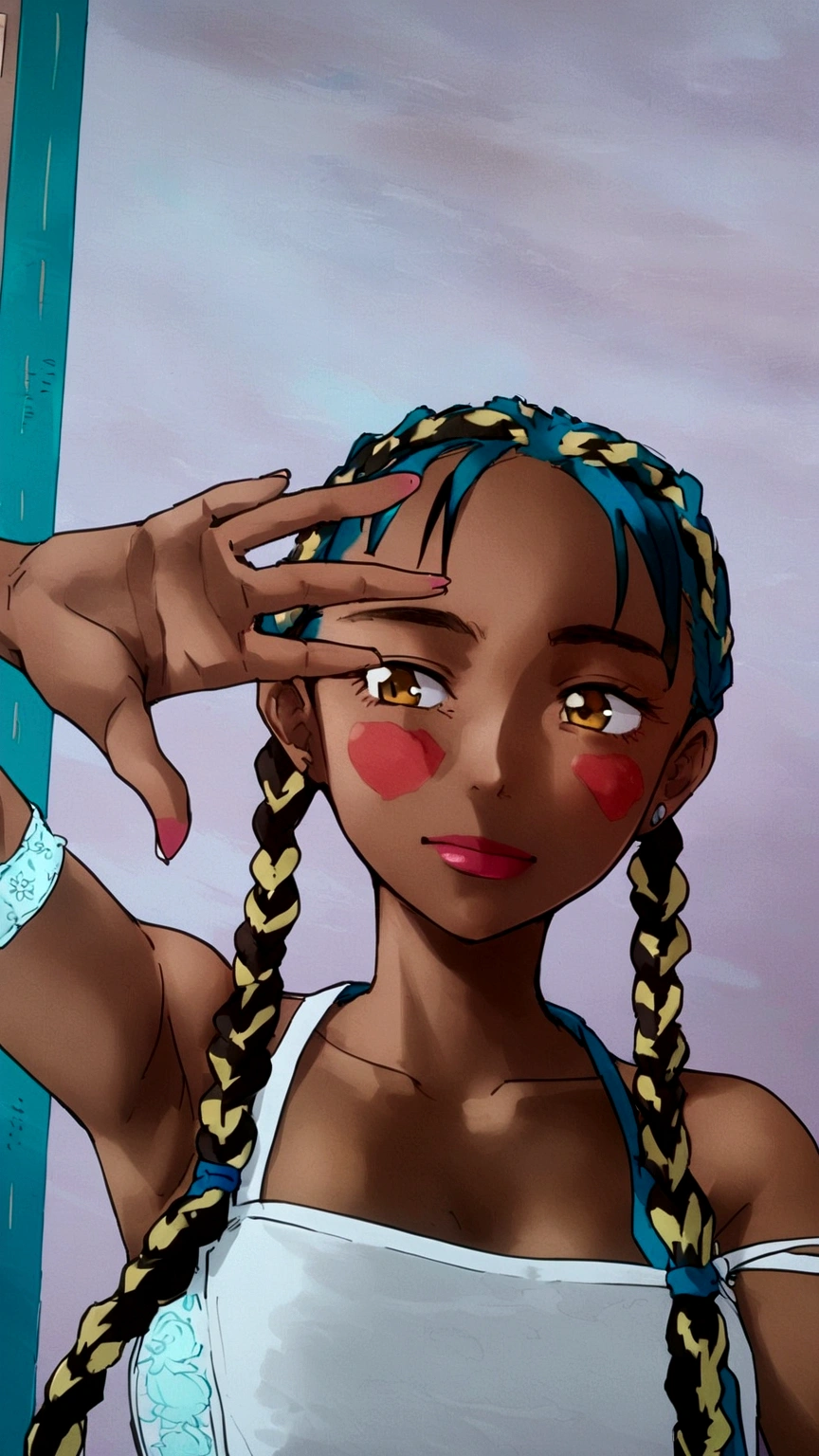 Black girl, braids, small dinners, 16 years, A white blouse, beautiful, anime style
