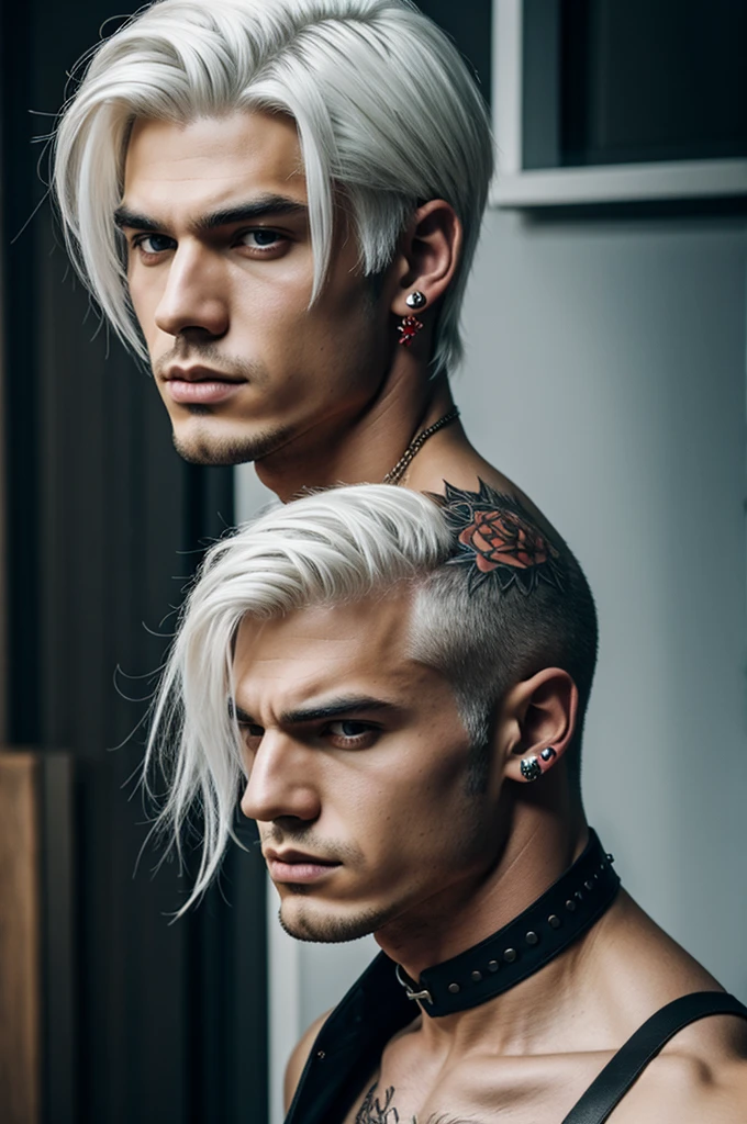 A man with white hair, a fierce face, white skin, red eyes, a tattoo on his neck, bad boy style, pierced ears, 180 cm tall, perfect body.