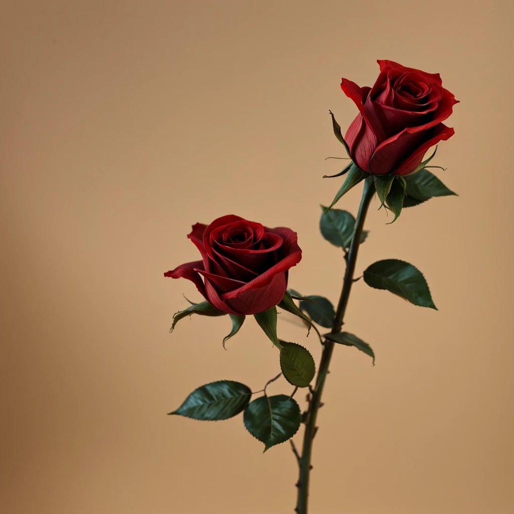 masterpiece, maximum resolution, photorealistic image of a red rose, perfect proportions, on a stem with leaves, maximum petal detail, Leaves, stem, needles. On a blurred beige background