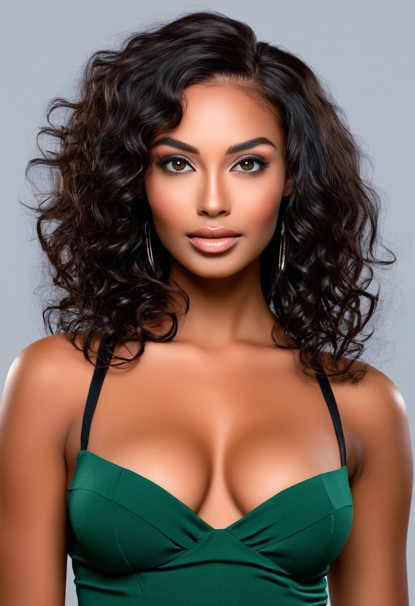 a beautiful woman, beautiful Latin face, Brazilian supermodel, stunning, stunning beauty, Angolan descent, most beautiful woman in the world, jaw-dropping beauty, young adult 30 years old, She has an exotic beauty, native Brazilian, tall woman, a stunning black African woman, with indigenous features, beautiful indigenous girl, ((An indigenous African girl with European ebony)), ((her beauty is undeniable)), beautiful young ebony girl with dark skin, tanned Mexican. *hair: Curly black hair with brown highlights, Voluminous black hair with brown highlights, vibrant and dynamic cut with soft waves. *eyes: green and expressive eyes, beautiful green eyes, realistic green eyes, detailed green eyes, ultra realistic, symmetrical, hyper realistic, (eyeliner, long eyelashes), intense and penetrating look, seductive, mysterious and charming look, look at magnetism , attraction and fascination. * Eyebrows: Perfect eyebrows that arch gracefully above the eyes and are thick. * the nose is small and proportional to the face and the soft contour of the face that accentuates the high cheekbones. *Mouth: Attractive and irresistible mouth, well-defined lips, full lips, voluminous lips, seductive lips, captivating, striking, unforgettable, mischievous, sexy, your features are captivating, seductive expression, a seductive smile is enigmatic *Face shape: O the face is oval, with high cheekbones and a well-defined chin, a beautiful and detailed face. *Makeup: Makeup is subtle, but highlights natural features. Skin Tone: Olive skin, with healthy and even glow, with olive skin, dark skin, sexy girl with olive skin, detailed skin texture, beautiful and glowing skin, intricate details, smooth skin, healthy and radiant appearance. *body: attractive and slim woman, medium bust, athletic, thin waist, wide hips, big butt, thick thighs, shapely legs. sexy pose, full body photo, ((((black tights)))), (((short skirt))), (((suit))),, 8k, RAW photos, highest quality, artwork prime, realistic, realis