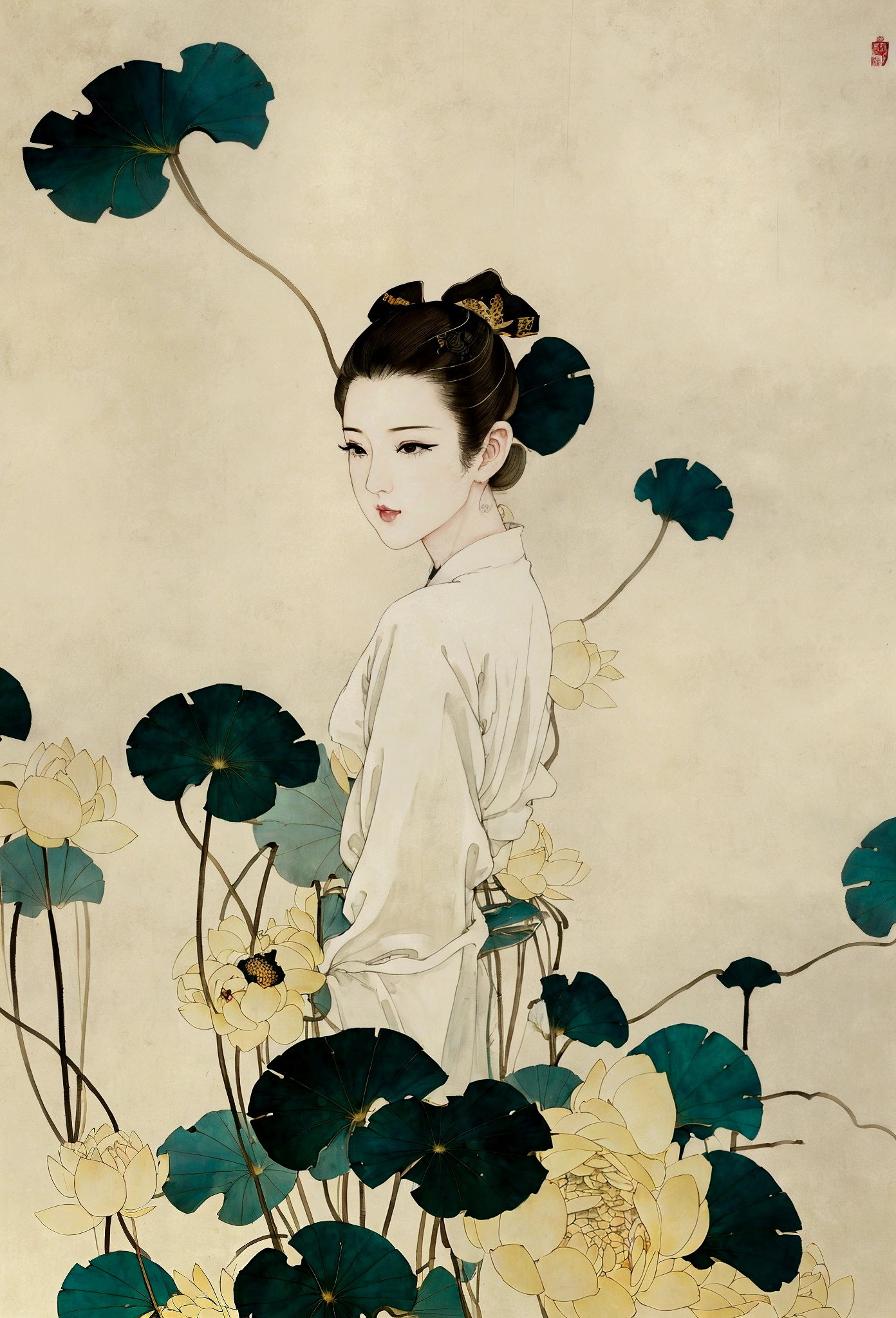 Ink and brushwork style,Lotus,Lotus Leaf,Lotus pod,Yellow and blue color scheme,Close shot,close up,Simple lines,Hand Painted,HD details,White background,Painting on rice paper,HD 8k