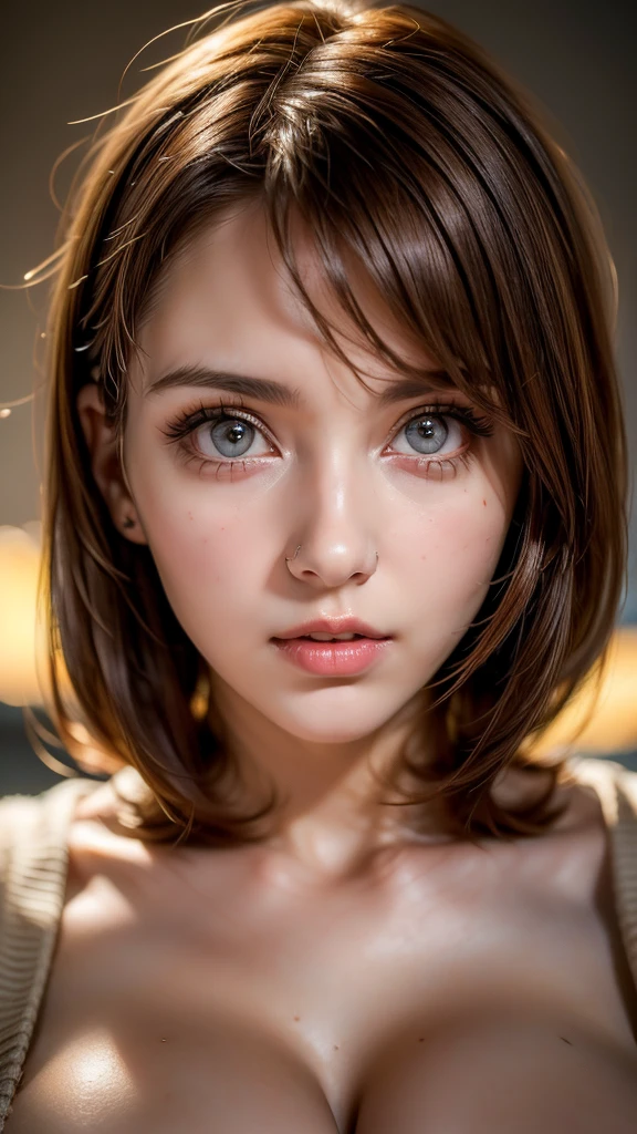 1 Girl, mature, Redhead, Red eyes, Big Breasts:1,  Simple Background、Explosive huge breasts,((8K)), ((Highest quality:1.4)),( Very detailed:1.6), ((masterpiece:1.4)),((Realistic:1.2)), Realistic lighting,One Girl, alone, ((Beautiful face in every detail:1.6)),((Big Natural Tits:1.4)),(((Upper Body))),((Very beautiful and big eyes)),