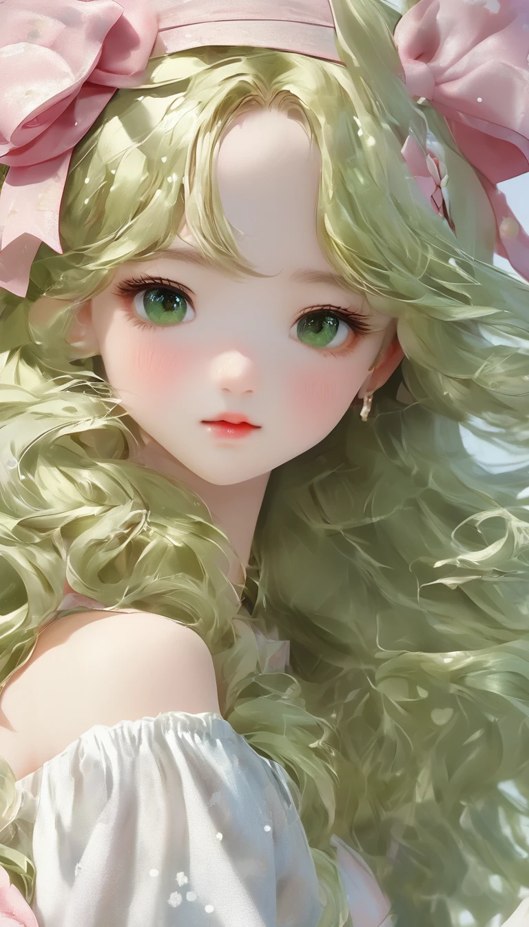 Ultra-realistic CG K ,((premium、8k、32k、Masterpiece、NFFSW:1.3)), (superfine illustration)、(super high resolution), (((adult body))), (Masterpiece, Best Quality:1.2),a beautiful girl,Skin details processing..,The eyes are finely described..,delicate hair,long wavy hair,long light hair,She has a big bow on her head.,black sweater,white dots,Skirt,green,clean background