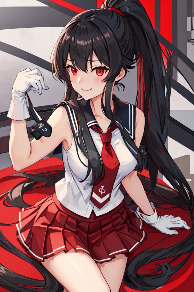 best quality, masterpiece, highres, solo, {yahagi_kantaicollection:1.15}, long_hair, black_hair, ponytail, red_eyes, sidelocks, breasts, hair_between_eyes, large_breasts, 1girl, anchor_symbol, gloves, looking_at_viewer, pleated_skirt, red_skirt, sailor_collar, school_uniform, serafuku, shirt, skirt, sleeveless, sleeveless_shirt, smile, white_gloves, black_sailor_collar, necktie