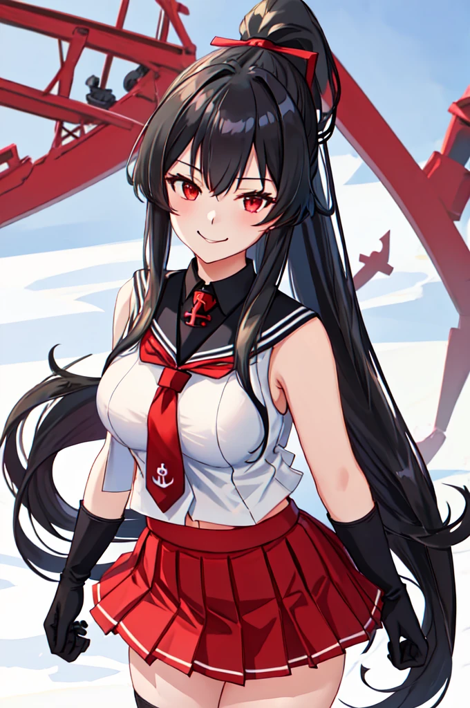 best quality, masterpiece, highres, solo, {yahagi_kantaicollection:1.15}, long_hair, black_hair, ponytail, red_eyes, sidelocks, breasts, hair_between_eyes, large_breasts, 1girl, anchor_symbol, gloves, looking_at_viewer, pleated_skirt, red_skirt, sailor_collar, school_uniform, serafuku, shirt, skirt, sleeveless, sleeveless_shirt, smile, white_gloves, black_sailor_collar, necktie