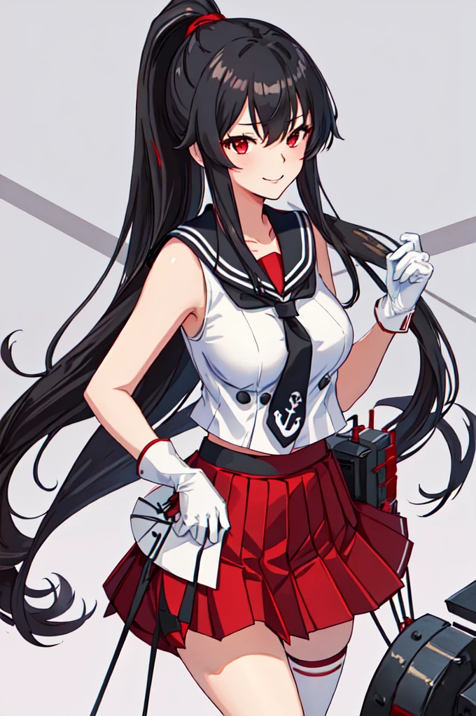 best quality, masterpiece, highres, solo, {yahagi_kantaicollection:1.15}, long_hair, black_hair, ponytail, red_eyes, sidelocks, breasts, hair_between_eyes, large_breasts, 1girl, anchor_symbol, gloves, looking_at_viewer, pleated_skirt, red_skirt, sailor_collar, school_uniform, serafuku, shirt, skirt, sleeveless, sleeveless_shirt, smile, white_gloves, black_sailor_collar, necktie