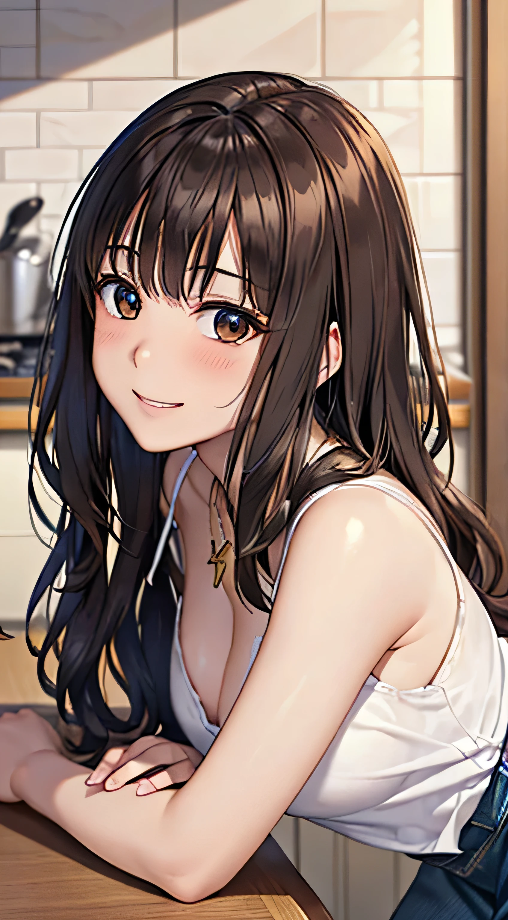 ((Tabletop, Highest quality, High resolution, , Pixel Perfect, 4K,))), 1 female, 、The whole body is visible、 ((Long Wavy Hair, bangs, Brown Hair)), ((Brown eyes, Beautiful eyelashes, Realistic eyes)), ((Detailed face, Blushing:1.2)), ((Smooth texture:0.75, Realistic texture:0.65, Realistic:1.1, Anime CG Style)), Medium sized breasts, Dynamic Angle, Perfect body, (( , , White camisole、No bra、、 Tight denim skirt、、White panties are visible、、)), Gold Hair Ornament、Cross Necklace、、Very embarrassing panic smile, 、、、、、Leaning forward、Nipples are slightly visible、、、Place both hands on the table、Stick your butt out、Luxury apartment kitchen、、、、、、 、)、