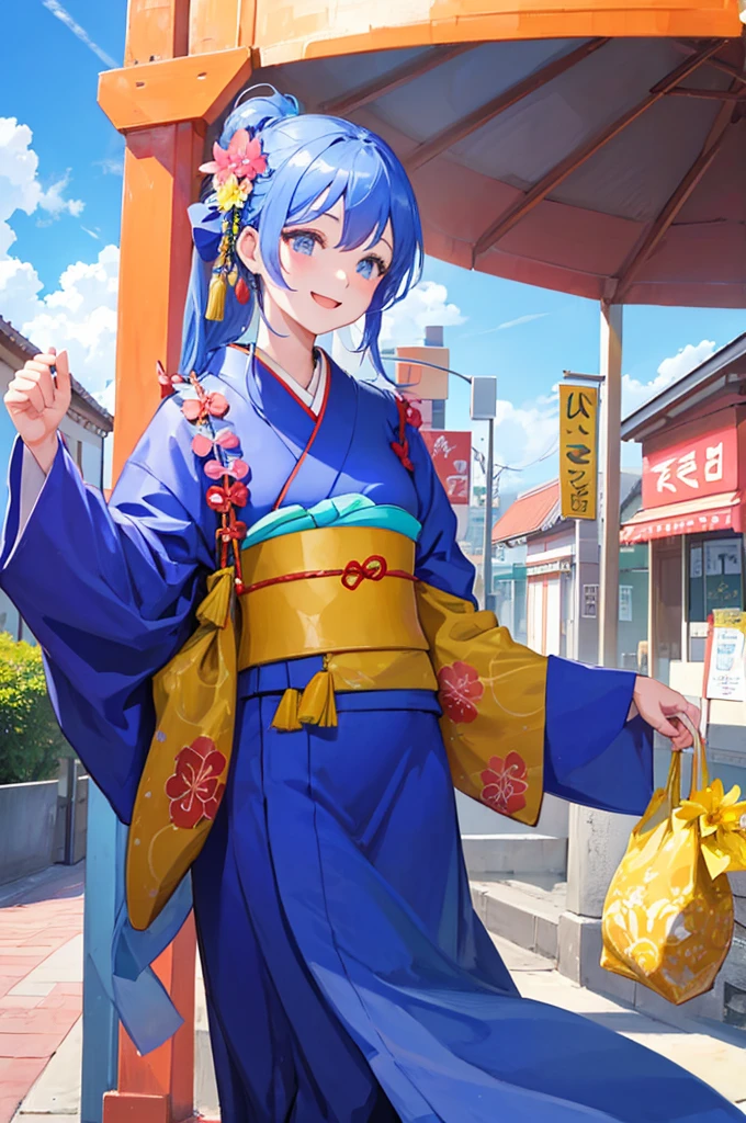 A beautiful smiling woman in a kimono greets people with a cheerful "Good morning" as her arms open under the blue sky