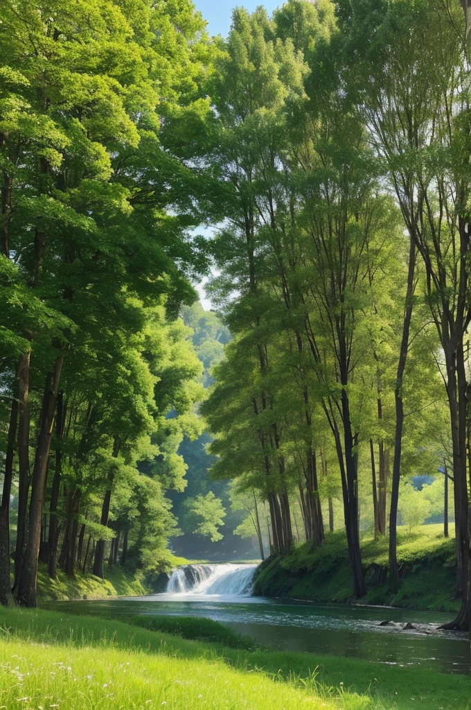 Grass and trees are blowing in the strong wind on the vast grassland。A meadow with a stream、Nobody is here、There is no one、Landscape painting、No person required、No building required、Only trees and grass are needed