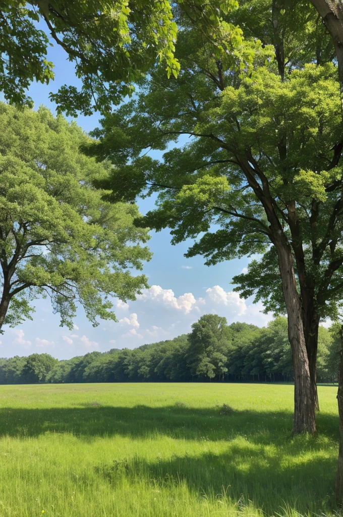 Grass and trees are blowing in the strong wind on the vast grassland。A meadow with a stream、Nobody is here、There is no one、Landscape painting、No person required、No building required、Only trees and grass are needed