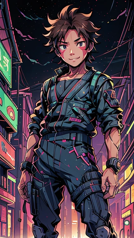 (8k),(masterpiece),(Japanese),(8-year-old boy),((innocent look)),((Childish)),From the front,smile,cute,Innocent,Kind eyes,Flat chest, Kiba Inuzuka, short,Hair blowing in the wind, Brown Hair,Strong wind,night,dark, Neon light Cyberpunk Konoha Village 