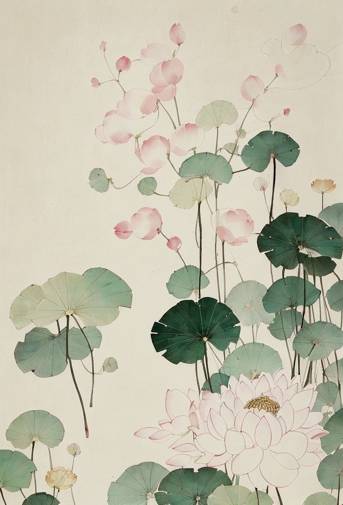 Ink and brushwork style，Lotus，Lotus Leaf，Lotus pod，Pink and green color scheme，Close shot，close up，Simple lines，Hand Painted，HD details，White background，Painting on rice paper，HD 8k