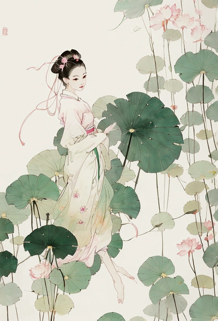 Ink and brushwork style,Lotus,Lotus Leaf,Pink and green color scheme,Simple lines,Hand Painted,HD details,White background,Painting on rice paper,HD 8k