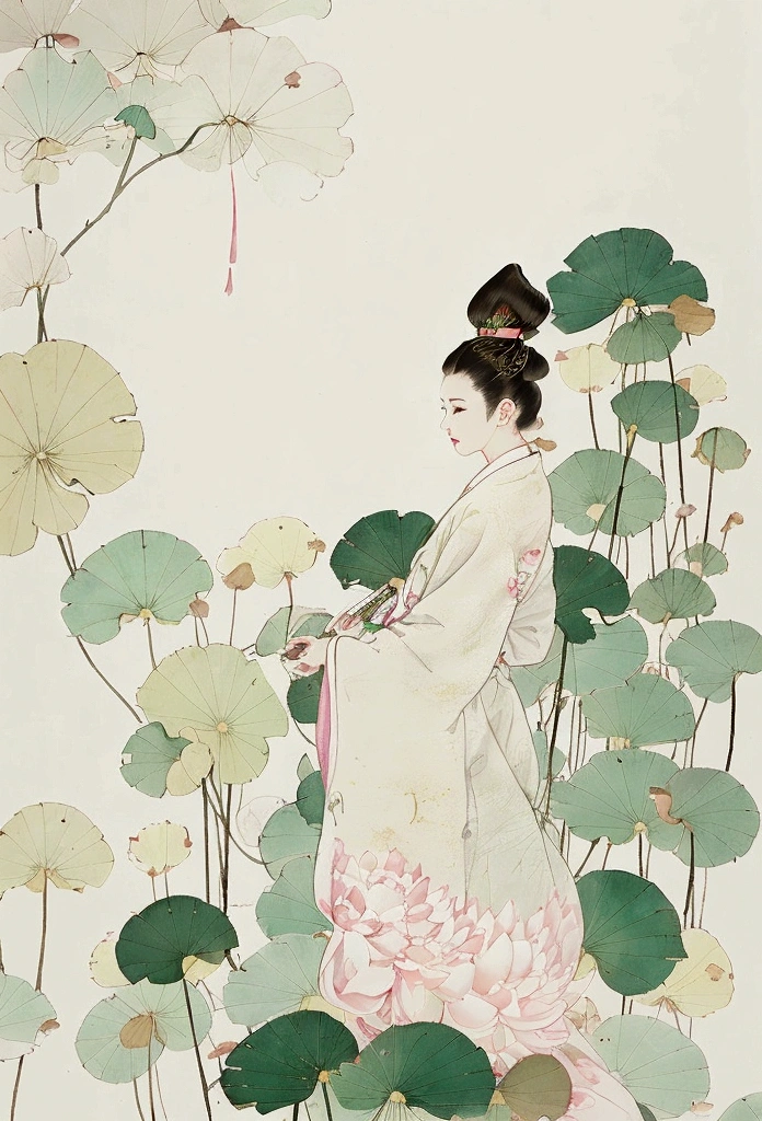 Ink and brushwork style，Lotus，Lotus Leaf，Lotus pod，Pink and green color scheme，Close shot，close up，Simple lines，Hand Painted，HD details，White background，Painting on rice paper，HD 8k