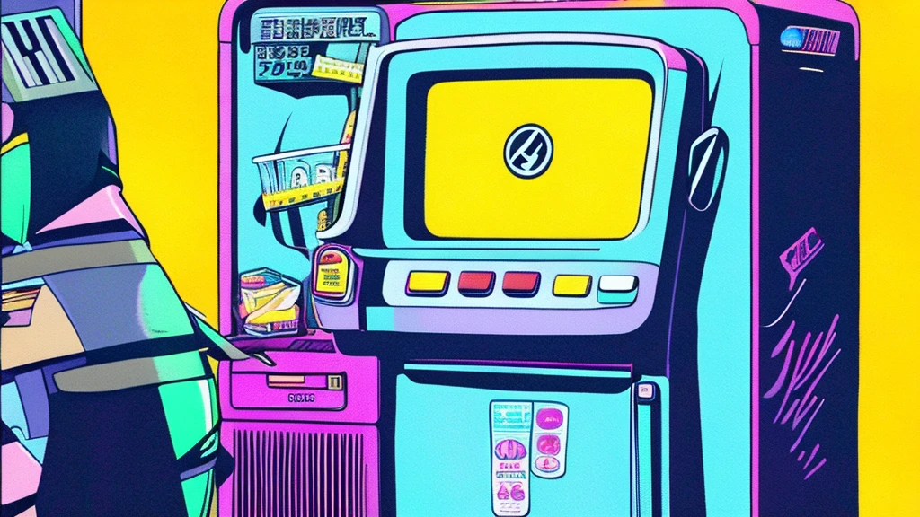 lo-fi style anime illustration, best qualityer, work of art, ultra high resolution, aesthetic lofi illustration of a street soda machine from japan, light flashy pastel colors, eyeshadows