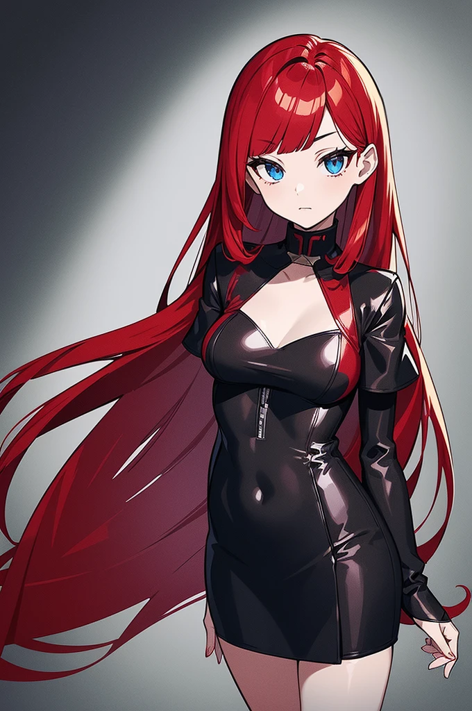 a beautiful girl with long red hair wearing a black dress, detailed facial features, bob haircut, full body illustration, woman wearing a long black and red coat, solo character, white background, anime style, highly detailed, photorealistic, 8k, best quality, masterpiece, blue eyes