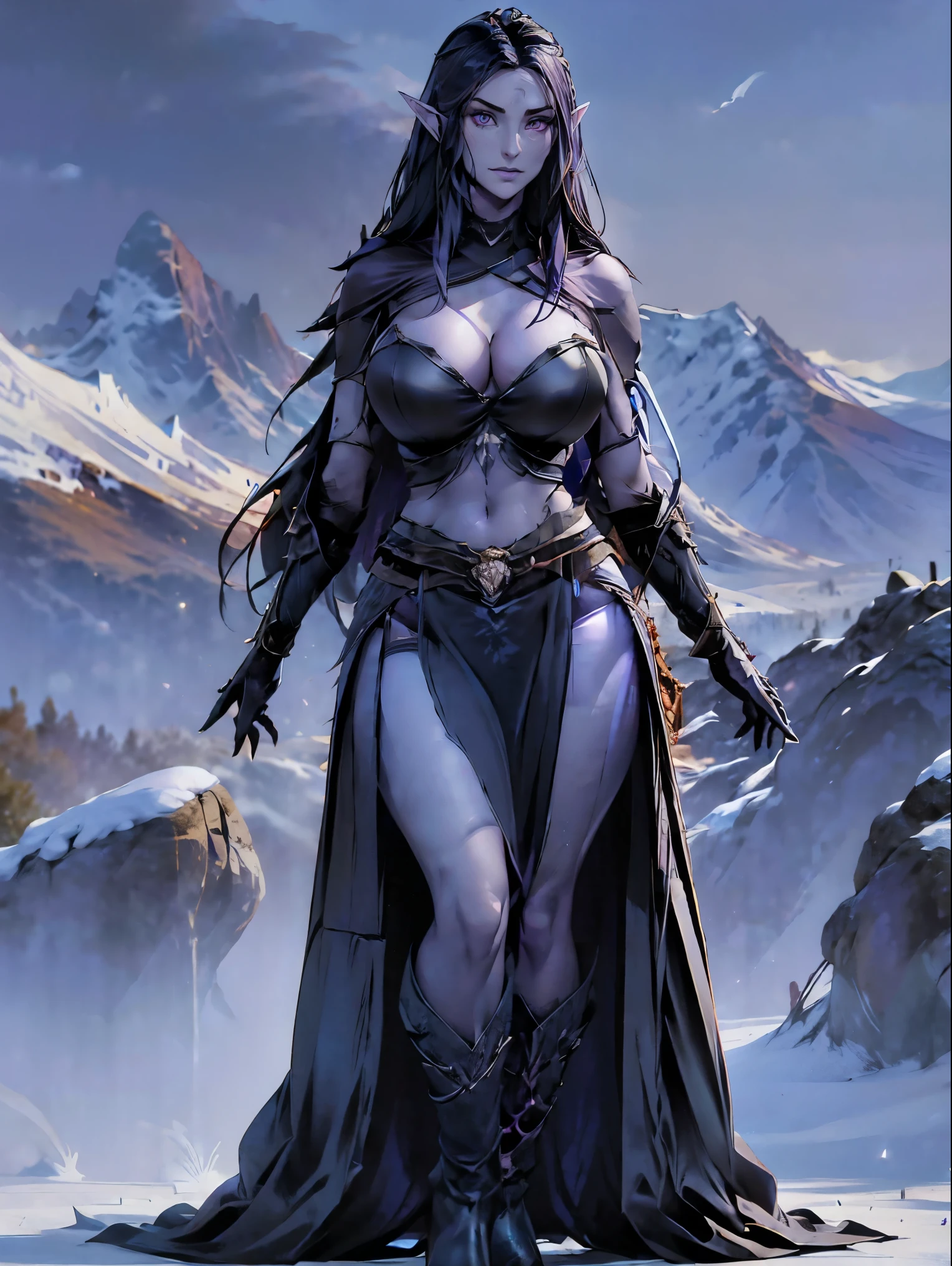 (masterpiece, top quality, best quality, official art, beautiful and aesthetic:1.2), (1girl:1.3), ((Sharp facial features, sharp features, hawkish features)), ((big hair, long elf ears, long black hair)), (((pale purple skin, pale blue skin, blue skin, purple skin))), big tiddy dark elf girl, extremely detailed, portrait, looking at viewer, solo, (full body:0.6), detailed background, full-body shot, (cold night mountain theme:1.1), dark elf war dancer, (spiky winged helmet), charlatan, smirk, mysterious, swaying in mountains, strapless top, skimpy attire, revealing gladiatrix costume, ebony metal, gold filigree, long boots, dual knives, blood red fabric, pelvic curtain, loincloth, black leather, ((((gigantic breasts, cleavage, skindentation, long legs, pelvic curtain)))), cute belly button, toned tummy, slim waist, slim hips, long legs, medieval (mountain exterior:1.1) background, dark mysterious lighting, shadows, magical atmosphere, dutch angle