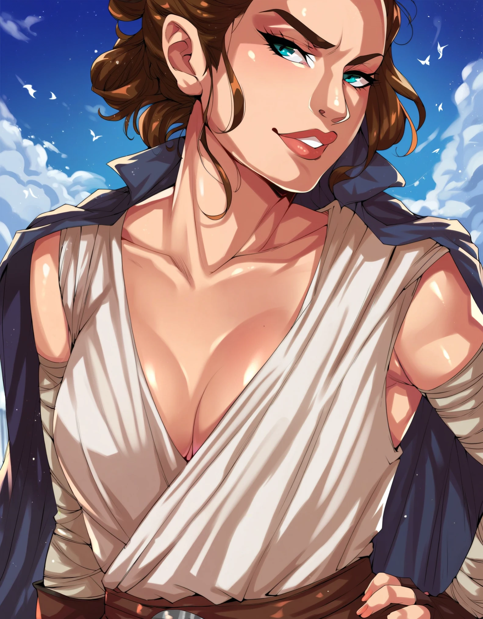 score_9, score_8_up, score_7_up, score_6_up, source_cartoon, Rey Skywalker, white tunic,
