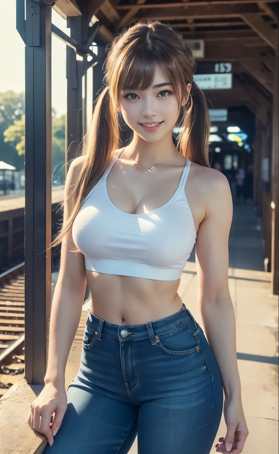 masterpiece, One Girl, alone, Glowing Eyes, pants, Station platform，masterpiece, Highest quality, Realisticな, Super detailed, blue sky,  (Very delicate and beautiful work), ((Masseter muscle area)), (Highest quality), Glamour body, One Woman, 20-year-old, (smile:1.4), ( twintails, blunt bangs、(Fair skin:1.2), Bright lighting, Natural light, Realistic lighting, Nice lips、Delicate face、(Realisticな、photograph_Realistic:1.4)、((Highest quality、masterpiece:1.3))、20-year-old、((Random hair color))