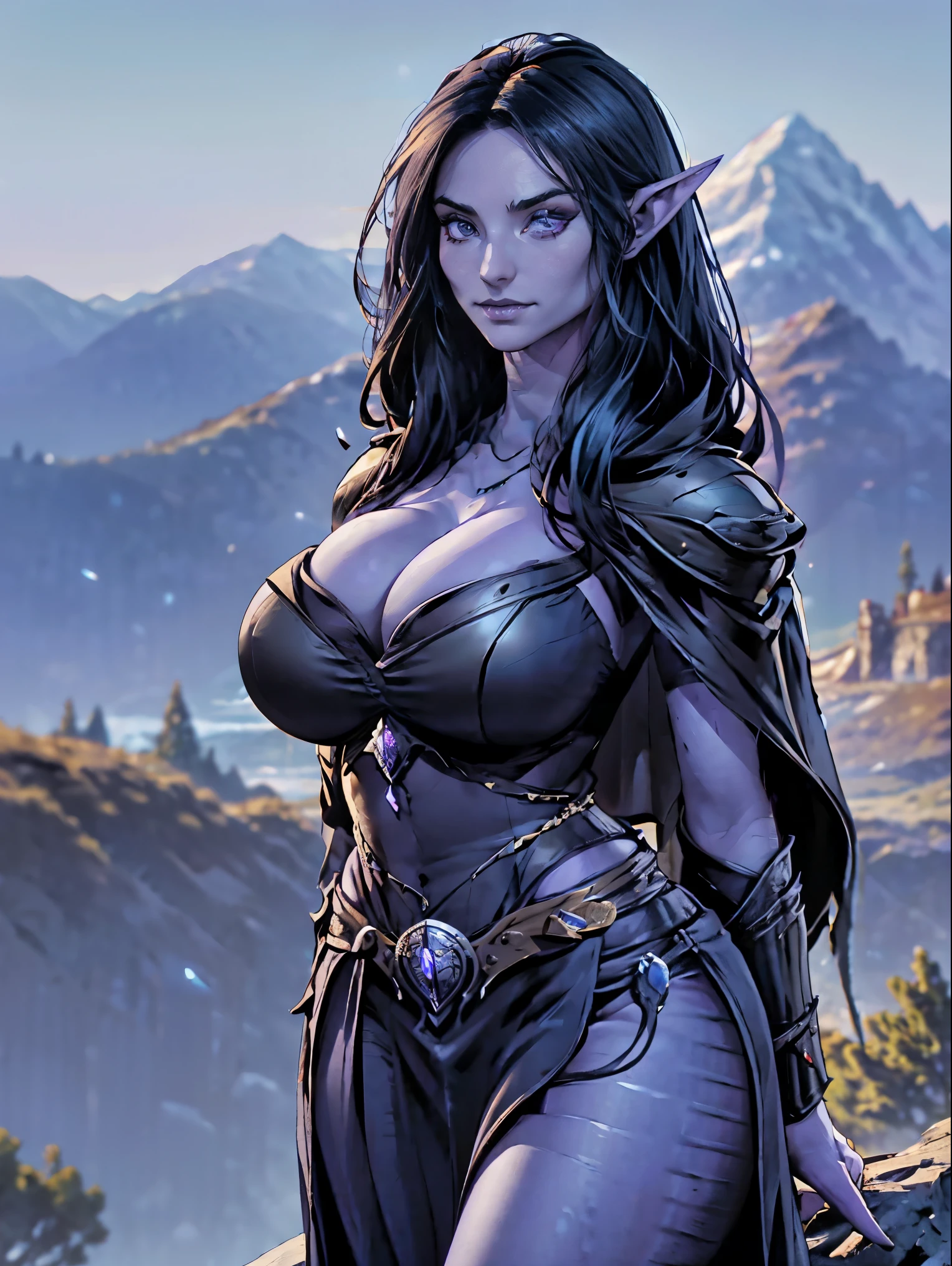 (masterpiece, top quality, best quality, official art, beautiful and aesthetic:1.2), (1girl:1.3), ((Sharp facial features, sharp features, hawkish features)), ((big hair, long elf ears, long black hair)), (((pale purple skin, pale blue skin, blue skin, purple skin))), big tiddy dark elf girl, extremely detailed, portrait, looking at viewer, solo, (full body:0.6), detailed background, full-body shot, (cold night mountain theme:1.1), dark elf war dancer, (spiky winged helmet), charlatan, smirk, mysterious, swaying in mountains, strapless top, skimpy attire, revealing gladiatrix costume, ebony metal, gold filigree, long boots, dual knives, blood red fabric, pelvic curtain, loincloth, black leather, ((((gigantic breasts, cleavage, skindentation, long legs, pelvic curtain)))), cute belly button, toned tummy, slim waist, slim hips, long legs, medieval (mountain exterior:1.1) background, dark mysterious lighting, shadows, magical atmosphere, dutch angle
