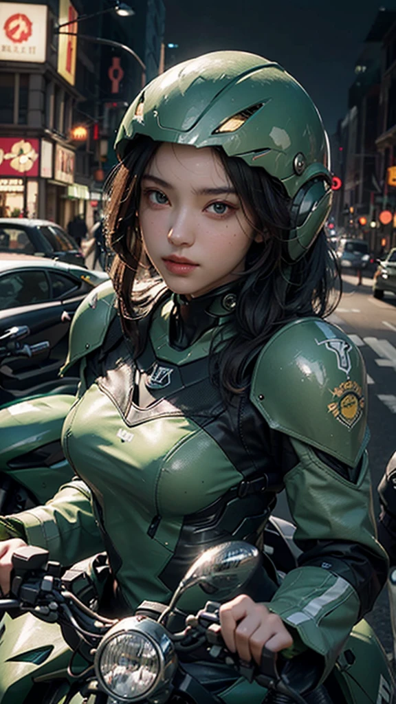 Highest image quality, Outstanding details, Ultra-high resolution, (realism: 1.4), Best example, Favor the details, Highly concentrated 1girl, Beautiful face, Wearing black and green armor, Wearing a mecha helmet, Handheld directional controller, Riding a motorcycle, The background is a high-tech lighting scene of a future city.