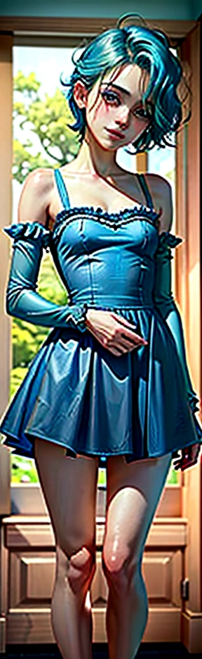 ((best quality)), ((masterpiece)), (detailed), femboy, blue aqua hair, blue eyes,short hair,( flat chest), thin body, big butt, cute face,blush on face, smile face, frilled dress, short dress, red color dress, sexy pose, hot pose, flower background