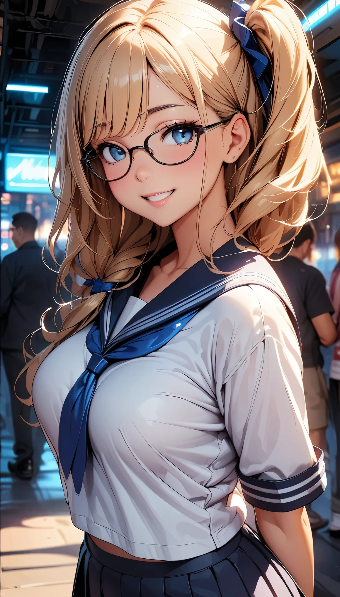 (Highest quality:1.24K, 8K, Very detailed, up to date, Vibrant, High detail, masterpiece:1.2, Highest quality, Best aesthetics), (((1 Girl))), JK, Sailor suit, Pleated skirt, Please open your mouth a little:1.2, smile, (Light brown hair, Voluminous side ponytail), Dynamic Angle, Friendly atmosphere, Beautiful Hair, Shiny Hair, Beautiful Skin, Detailed face and eyes, Glossy Lips, Curvy Women, Frameless glasses:1.2, Face over shoulder, turn around, Face Close Up, Light and shadow with attention to detail, Background Blur.