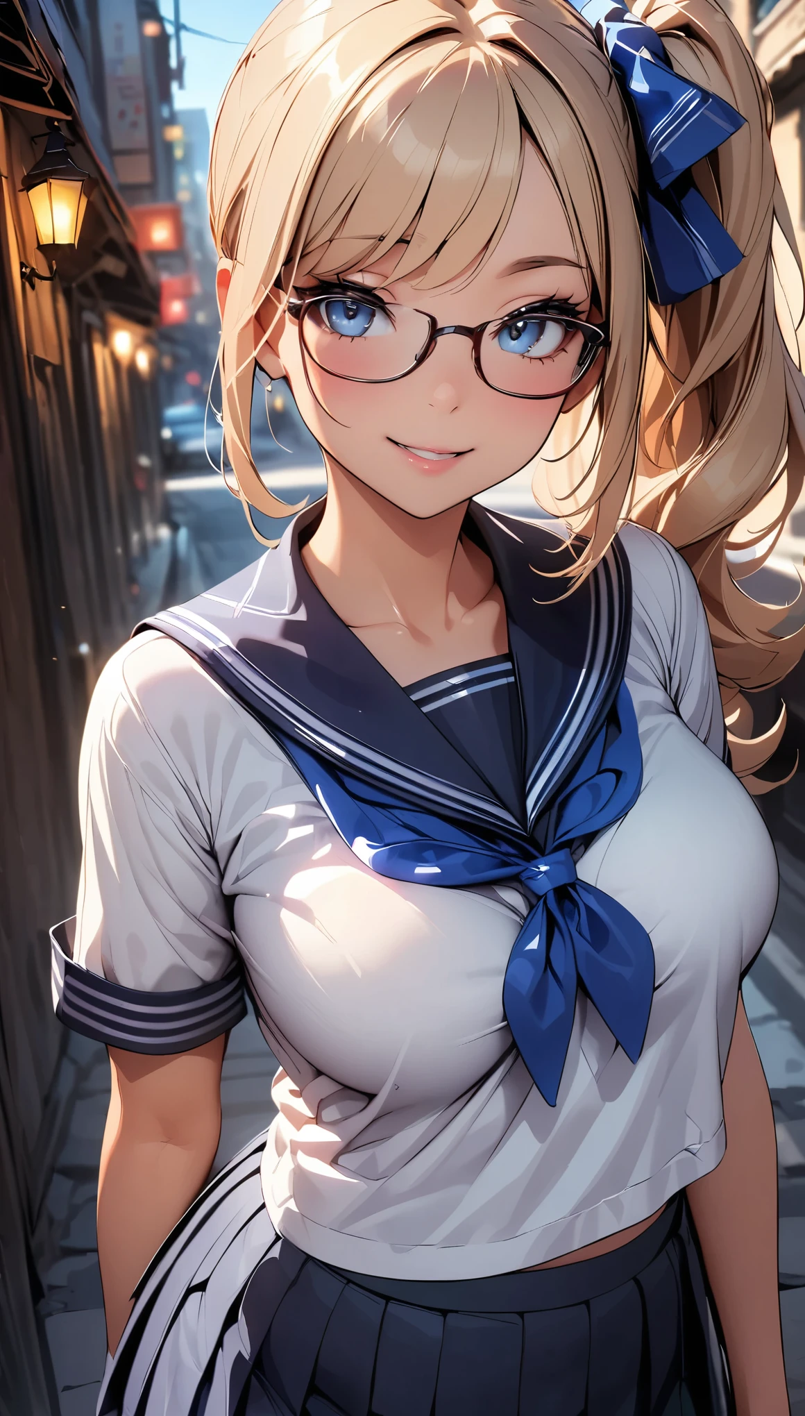 (Highest quality:1.24K, 8K, Very detailed, up to date, Vibrant, High detail, masterpiece:1.2, Highest quality, Best aesthetics), (((1 Girl))), ＪＫ, Sailor suit, Pleated skirt, Please open your mouth a little:1.2, smile, (Light brown hair, Voluminous side ponytail), Dynamic Angle, Friendly atmosphere, Beautiful Hair, Shiny Hair, Beautiful Skin, Detailed face and eyes, Glossy Lips, Curvy Women, Frameless glasses:1.2, Face over shoulder, turn around, Face Close Up, Light and shadow with attention to detail, Background Blur.