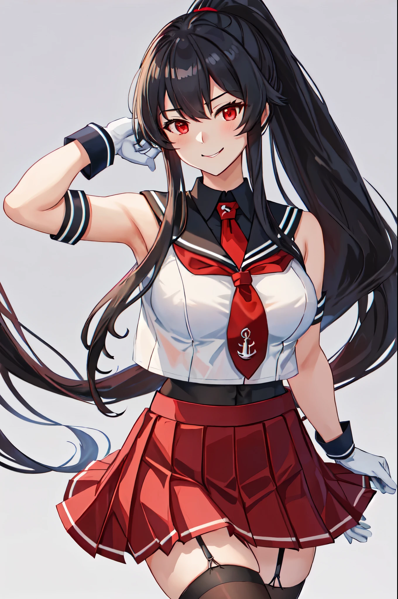 best quality, masterpiece, highres, solo, {yahagi_kantaicollection:1.15}, long_hair, black_hair, ponytail, red_eyes, sidelocks, breasts, hair_between_eyes, large_breasts, 1girl, anchor_symbol, gloves, looking_at_viewer, pleated_skirt, red_skirt, sailor_collar, school_uniform, serafuku, shirt, skirt, sleeveless, sleeveless_shirt, smile, white_gloves, black_sailor_collar, necktie