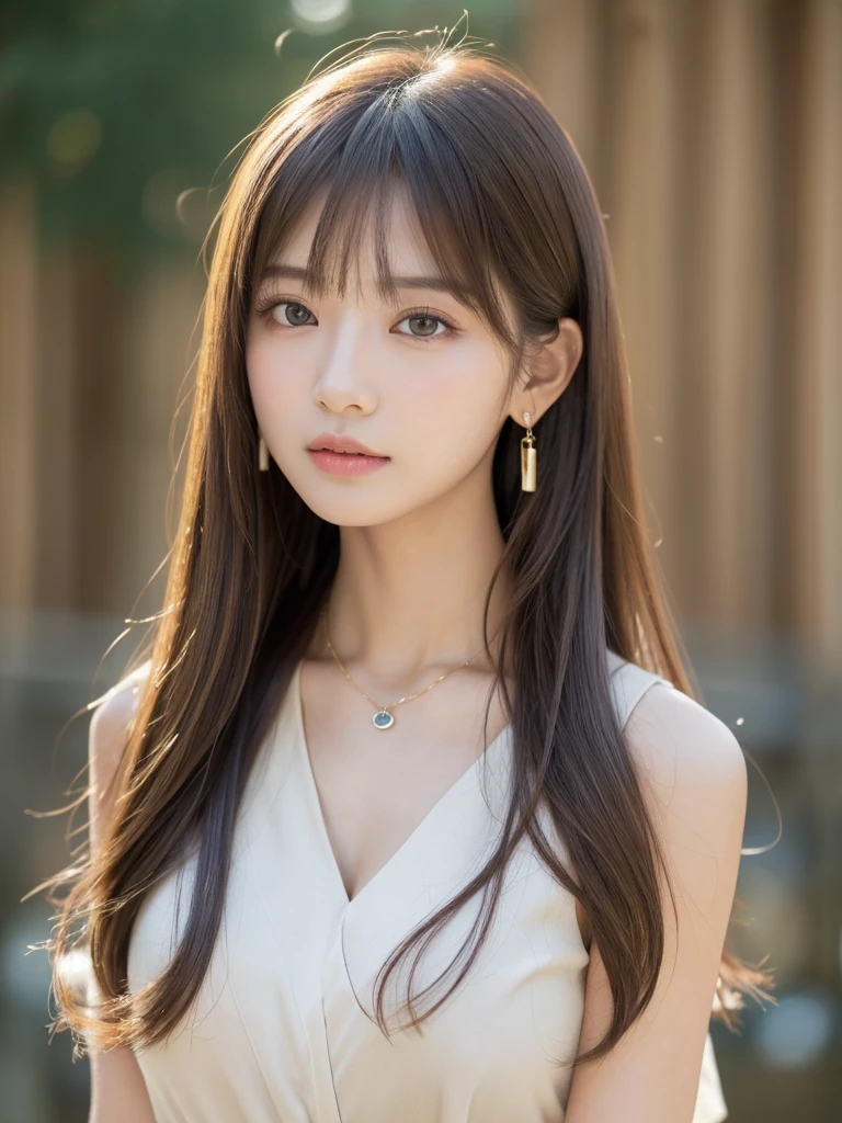 ((Highest quality, 8K, masterpiece:1.3)), concentrate: 1.2, Perfect body beauty: 1.4, Hips: 1.2, ((Long Hair, chest: 1.2)), (Dry clothes: 1.1) , (clear, Simple Background:1.3), Simple clothes: 1.1, Highly detailed face and skin texture,Delicate eyes, double eyelid, Whitened skin, Rough skin、Long Hair、Earrings with bangs、necklace、 solo、Beige coat、White shirt, (((Beautiful girl with cute Japan)))、 ((Beautiful Japanese girl 20 years old))、 ((Baby Face))、 (((Slender body)))、 Upper Body,Face focus、necklace,Simple Background,From above, Realistic Hair、 A photograph was taken:Canon EOS R6、135mm、1/1250 seconds、f2.8、ISO400、(Detailed explanation of the hand)、(Masseter muscle area)、(Exquisite CG)、Long Hair, loose and curly hair、Korean Hair、Long Hair明るいベージュ色、グラデーションハイライトグレージュのゆるふわLong Hairスタイル、