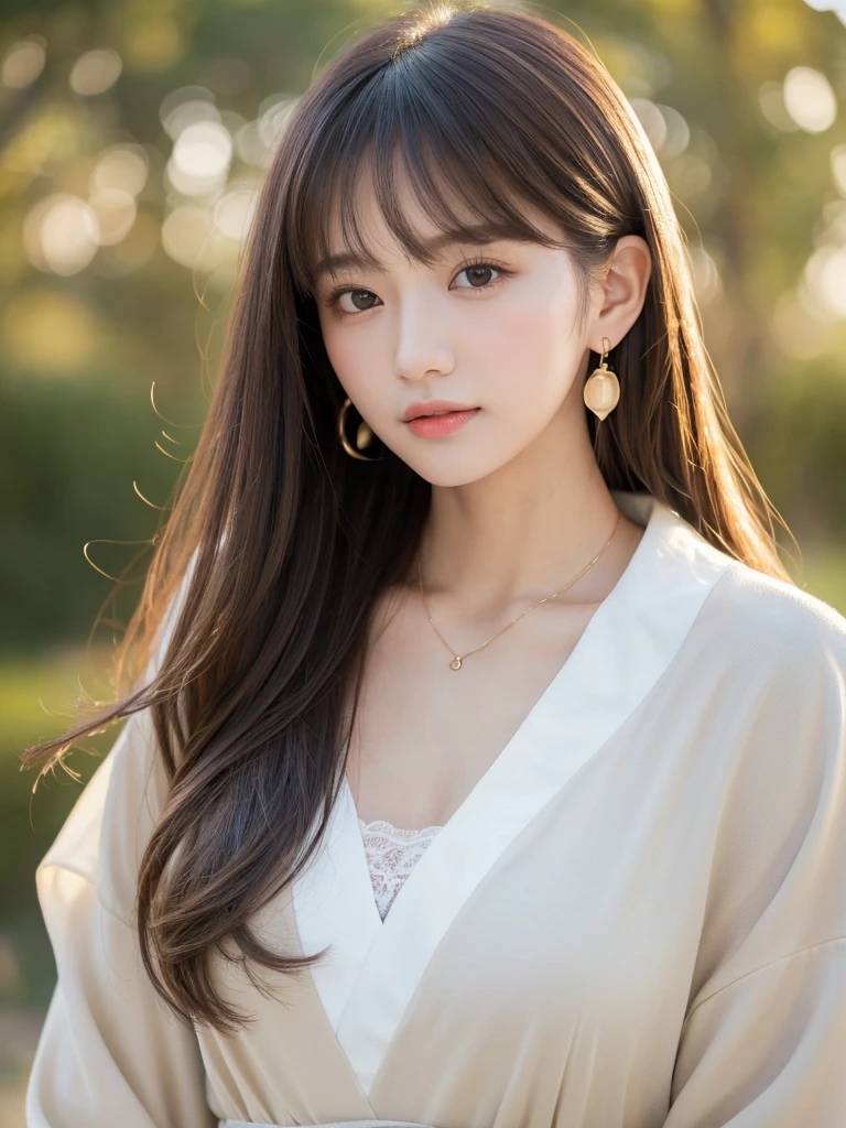 ((Highest quality, 8K, masterpiece:1.3)), concentrate: 1.2, Perfect body beauty: 1.4, Hips: 1.2, ((Long Hair, chest: 1.2)), (Dry clothes: 1.1) , (clear, Simple Background:1.3), Simple clothes: 1.1, Highly detailed face and skin texture,Delicate eyes, double eyelid, Whitened skin, Rough skin、Long Hair、Earrings with bangs、necklace、 solo、Beige coat、White shirt, (((Beautiful girl with cute Japan)))、 ((Beautiful Japanese girl 20 years old))、 ((Baby Face))、 (((Slender body)))、 Upper Body,Face focus、necklace,Simple Background,From above, Realistic Hair、 A photograph was taken:Canon EOS R6、135mm、1/1250 seconds、f2.8、ISO400、(Detailed explanation of the hand)、(Masseter muscle area)、(Exquisite CG)、Long Hair, loose and curly hair、Korean Hair、Long Hair明るいベージュ色、グラデーションハイライトグレージュのゆるふわLong Hairスタイル、