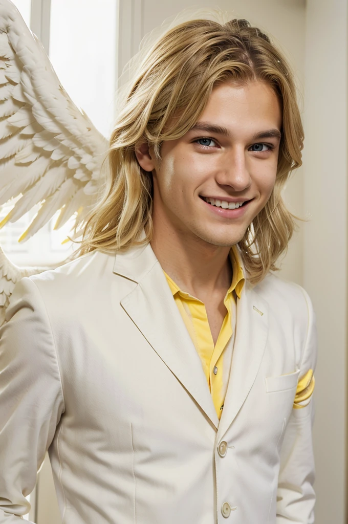 young man with blonde wavy hair, yellow eyes,yellow eyes,yellow eyes,yellow eyes, big smile, cute, wearing a white suit, with white angel wings