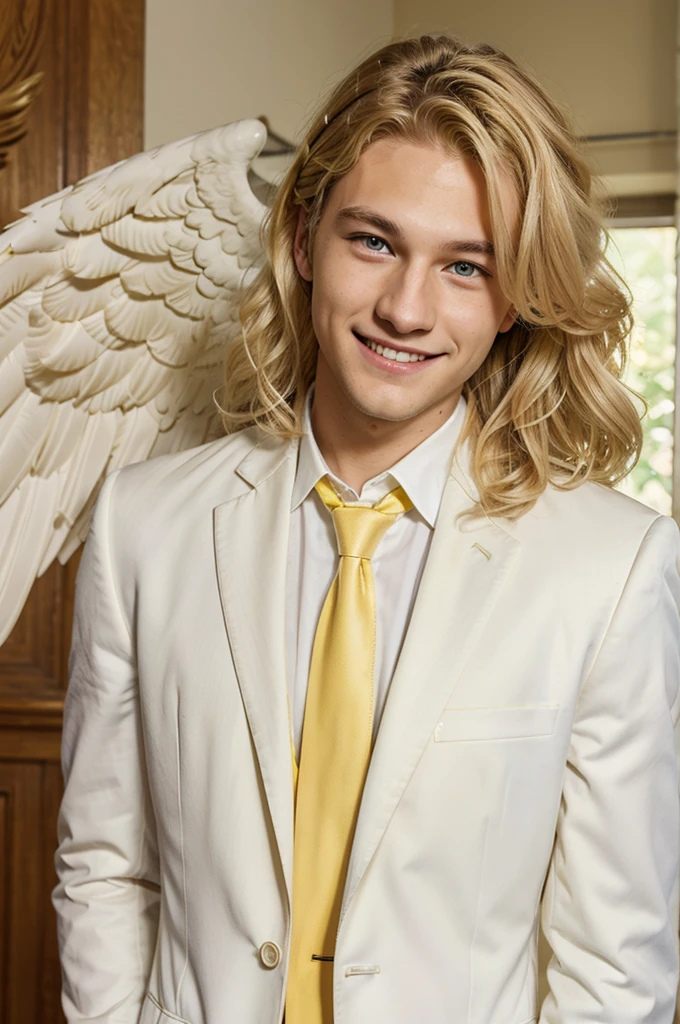 young man with blonde wavy hair, yellow eyes,yellow eyes,yellow eyes,yellow eyes, big smile, cute, wearing a white suit, with white angel wings