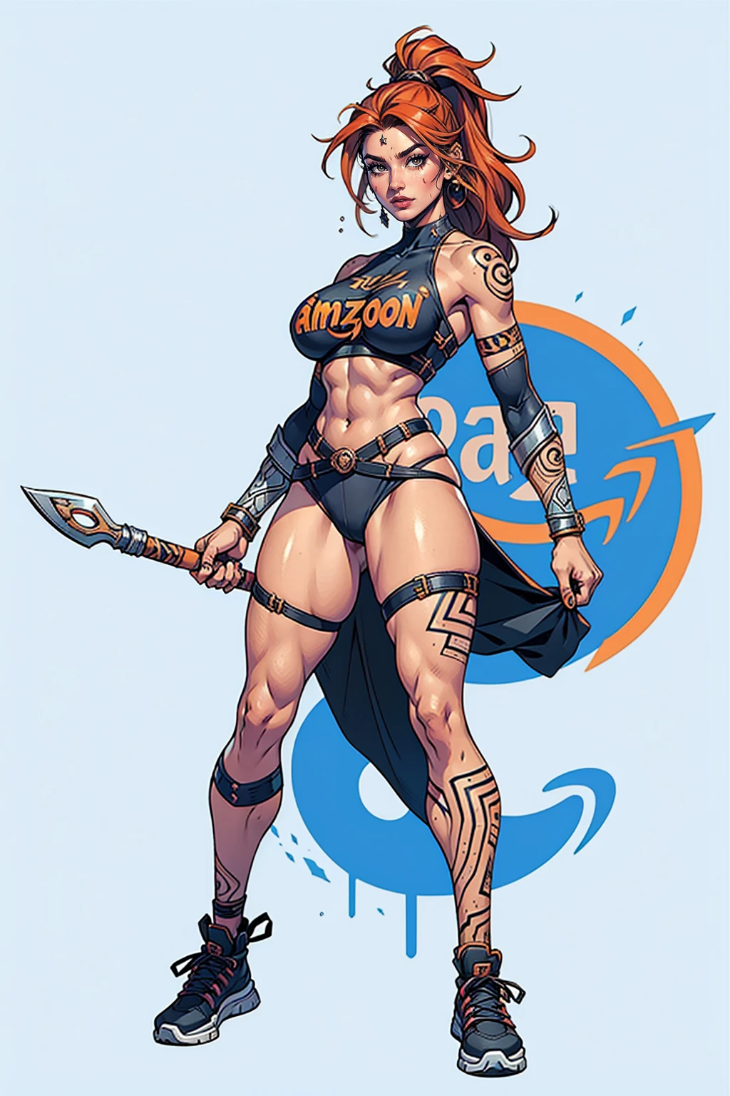 ((women amazon warrior outfit), athletic, tattoos, serious, looking at the viewer, perfect hands, beautiful face, simple_background, full body, perfect body, rounded breast