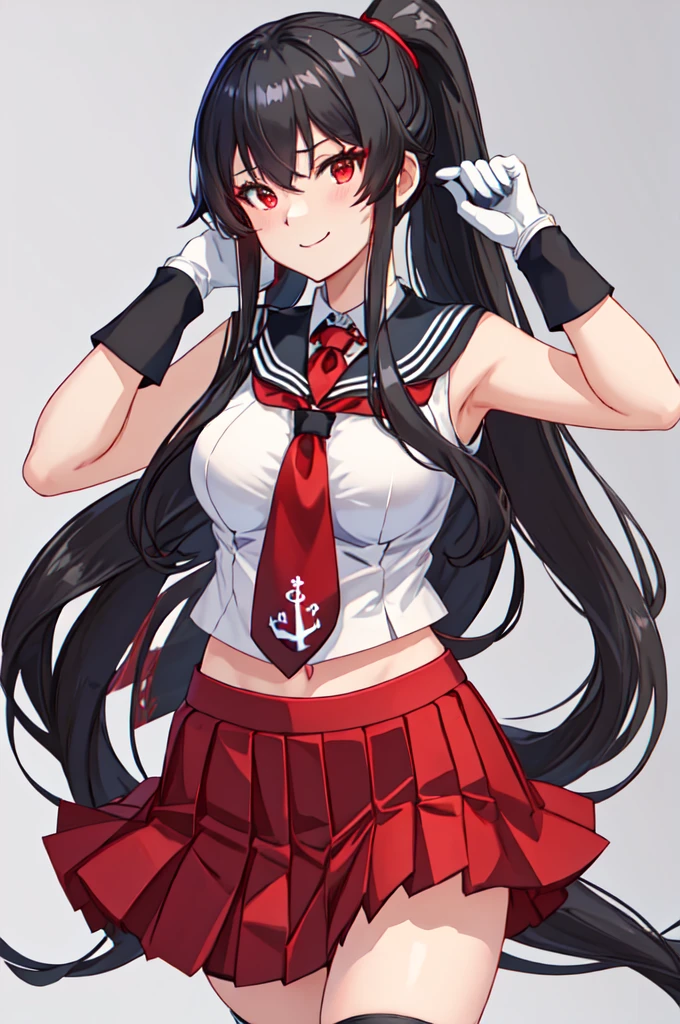 best quality, masterpiece, highres, solo, {yahagi_kantaicollection:1.15}, long_hair, black_hair, ponytail, red_eyes, sidelocks, breasts, hair_between_eyes, large_breasts, 1girl, anchor_symbol, gloves, looking_at_viewer, pleated_skirt, red_skirt, sailor_collar, school_uniform, serafuku, shirt, skirt, sleeveless, sleeveless_shirt, smile, white_gloves, black_sailor_collar, necktie