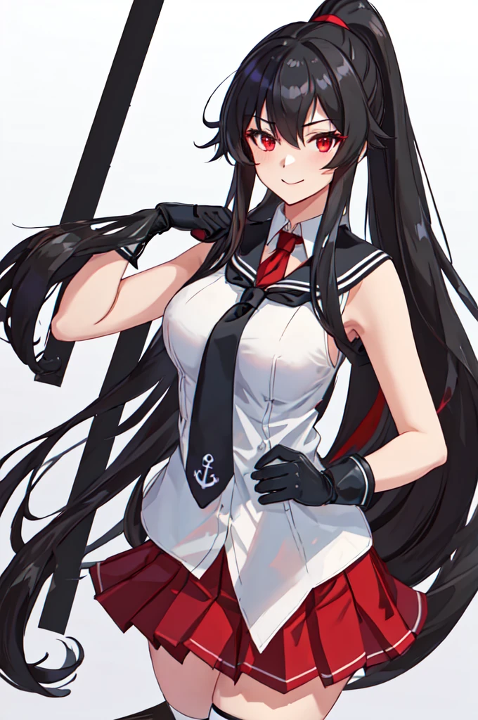 best quality, masterpiece, highres, solo, {yahagi_kantaicollection:1.15}, long_hair, black_hair, ponytail, red_eyes, sidelocks, breasts, hair_between_eyes, large_breasts, 1girl, anchor_symbol, gloves, looking_at_viewer, pleated_skirt, red_skirt, sailor_collar, school_uniform, serafuku, shirt, skirt, sleeveless, sleeveless_shirt, smile, white_gloves, black_sailor_collar, necktie