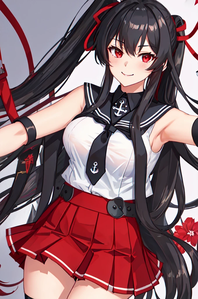 best quality, masterpiece, highres, solo, {yahagi_kantaicollection:1.15}, long_hair, black_hair, ponytail, red_eyes, sidelocks, breasts, hair_between_eyes, large_breasts, 1girl, anchor_symbol, gloves, looking_at_viewer, pleated_skirt, red_skirt, sailor_collar, school_uniform, serafuku, shirt, skirt, sleeveless, sleeveless_shirt, smile, white_gloves, black_sailor_collar, necktie