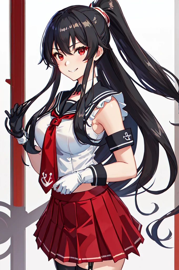 best quality, masterpiece, highres, solo, {yahagi_kantaicollection:1.15}, long_hair, black_hair, ponytail, red_eyes, sidelocks, breasts, hair_between_eyes, large_breasts, 1girl, anchor_symbol, gloves, looking_at_viewer, pleated_skirt, red_skirt, sailor_collar, school_uniform, serafuku, shirt, skirt, sleeveless, sleeveless_shirt, smile, white_gloves, black_sailor_collar, necktie